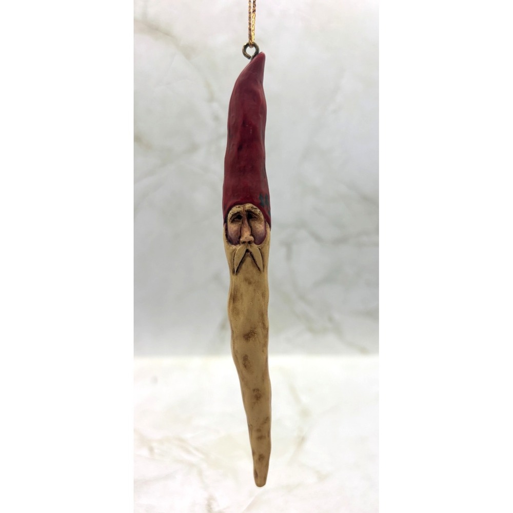 Folk Art Style Icicle Santa Ornament Carved Wood Resin Elongated Beard EUC